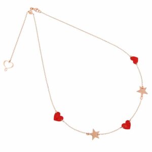 COLLANA GIROCOLLO CHOKER CON TRE CUORI IN SMALTO ROSSO E DUE STELLE IN LASTRA